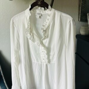 J. Crew White Ruffled Mandarin Collar Blouse Sz 8 EUC
